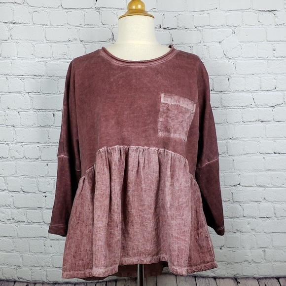 Anthropologie Postmark Linen & French Terry Top S Baby Doll Mixed Media Hi Low - Picture 8 of 9